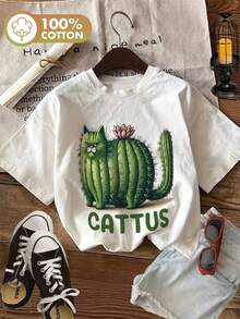 Cartoon Cat & Cactus Graphic Cotton Tee For Ladies, Crew Neck Short Sleeve All-Match Light Casual Outfit - 白色 - 查看 8