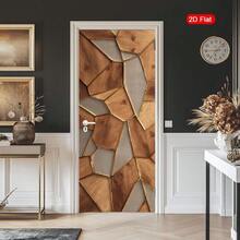 Self-Adhesive Removable Wall Mural, 2D Flat Wood Grain Texture Door Design With Gold Trim - Geometric Pattern Sticker - Modern Door Wall Mural, Vintage Door Decor - Fashionable Door Mural - A - View 6