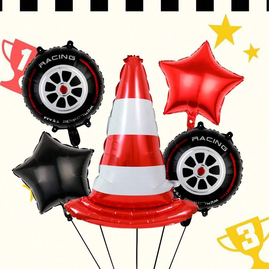 5pcs Road Block Tire Balloon Set, Includes Road Block, Tire And Star Foil Balloons, Suitable For Racing Party, Road Decoration, Birthday Party, Car Party - Multicolor - View 1