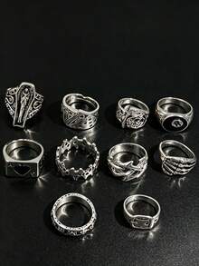Gothic Men's Ring Set, Punk Hip Hop Multi-Piece Set, Couple Rings, Party, Vacation, Daily Wear, Finger Accessories, Fashion Jewelry Gift, Unisex - Silver - View 11