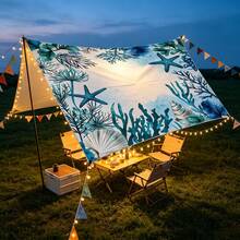 1pc Ocean Starfish Coral Print Outdoor Sunshade Canopy, Lightweight Breathable Waterproof Camping Tarp, Includes Ropes And Ground Stakes, UV Protection Windproof Sun Shelter, Suitable For Beach, Garden, Patio, Picnic, Yard - Baby Blue - View 3