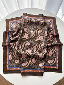 1pc Faux Silk Printed Square Scarf Headband Fashion Multi-Functional Small Neck Scarf Suitable For Daily Use - Coffee Brown - View 3