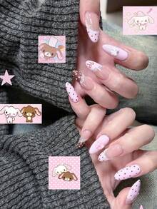 10pcs French Polka Dot Lace Sweet Rabbit Applique False Nails, Pink Brown Bow Cute Cartoon Style, Suitable For Wedding, Date, Party And Daily Wear, Each Piece Comes With 4pcs Tool Set: Jelly Glue, Nail File, Wooden Cuticle Pusher, Alcohol Cotton Pad - Hot Pink - View 1