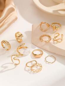 12pcs Vintage Asymmetrical Liquid Lava Heart-Shaped Pearl Jewelry Set, Women's Fashion Jewelry, Suitable For Daily Wear And Party - Yellow Gold - View 3