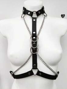 1 pieza Cinturilla de moda negra para mujer, bustier sexy con arnés para uso diario, Halloween, festival de música, fiesta de carnaval, conjunto a juego - Negro - Ver 3