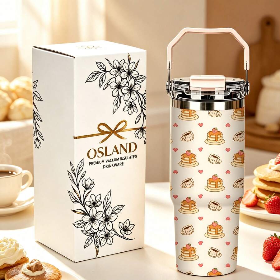 1/5pcs 30oz Vacuum Insulated Tumbler With Gift Box, Cream White Pancake Coffee Cup With Heart Cartoon Print, Foldable Portable Handle, Double Flip Lid Leak-Proof Cup Cover, Double Wall Mug, Suitable For Breakfast Daily, Warm Heart Food Theme Brunch Lover Gift - Dessert - View 1
