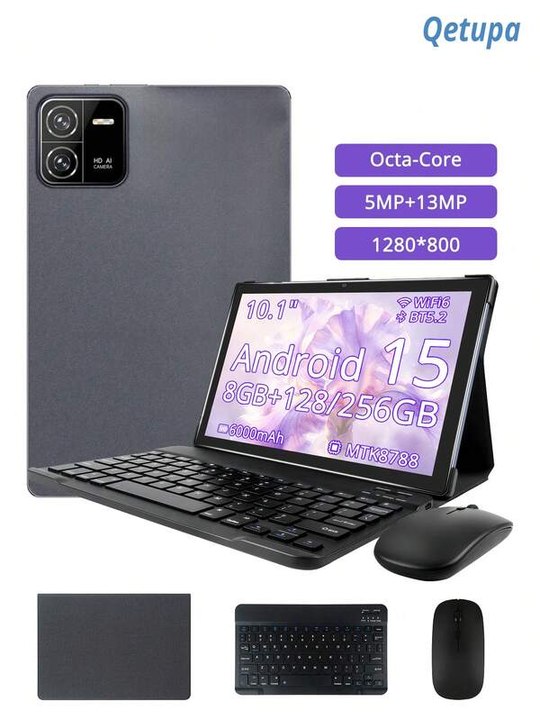 Qetupa Tableta Android 15 de 10.1 pulgadas, con funda, teclado y ratón, 8 GB de RAM + 128 GB/256 GB de ROM, pantalla táctil de 1280x800, cámara frontal de 5 MP y cámara trasera de 13 MP, batería de 6000 mAh, (sin adaptador)