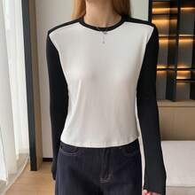 Women's Fashion Retro Colorblock Raglan Long Sleeve T-Shirt, Layering Base Layer, Autumn Basic Sporty Casual Undershirt, Elegant Top - Black and White - View 2