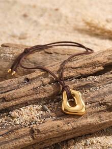 1pc Stainless Steel INS Style Personalized Exquisite Luxury Hollow Pendant Suede Cord Necklace Sweater Chain, Suitable For Parties, Gatherings, Vacations, Gifts For Friends And Family, Daily Wear, Commuting - Gold - View 2