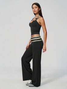 MASKERT Ladies' contrasting color back vest sports pants set yoga training running set tennis golf Pilates - 黑色 - 查看 7