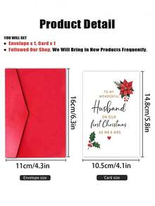 1pc "Our First Christmas As Mr & Mrs" Christmas Card With Envelope - Romantic Festive Greeting For Husband, Blank Inside - A - View 5