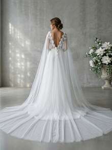1pc V-Neck 3D Floral Lace Cape Veil, Floor-Length Arc Large Sheer Mesh Cape, Bridal Backless Wedding Dress Accessory For Church Ceremony, Ethereal Back Cover - Multicolor - View 3
