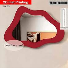 2D Flat, 1pc, Red Asymmetrical Wavy Frame Fashionable Wooden + Acrylic Mirror Wall Mirror - Suitable For Home Living Room, Bedroom, Studio, Patio Wall, No Power Supply Required, Perfect For Father's Day, Wedding Season, Mother's Day, Easter And Other Holiday Gifts And Decorations. 2D Flat - A - View 1