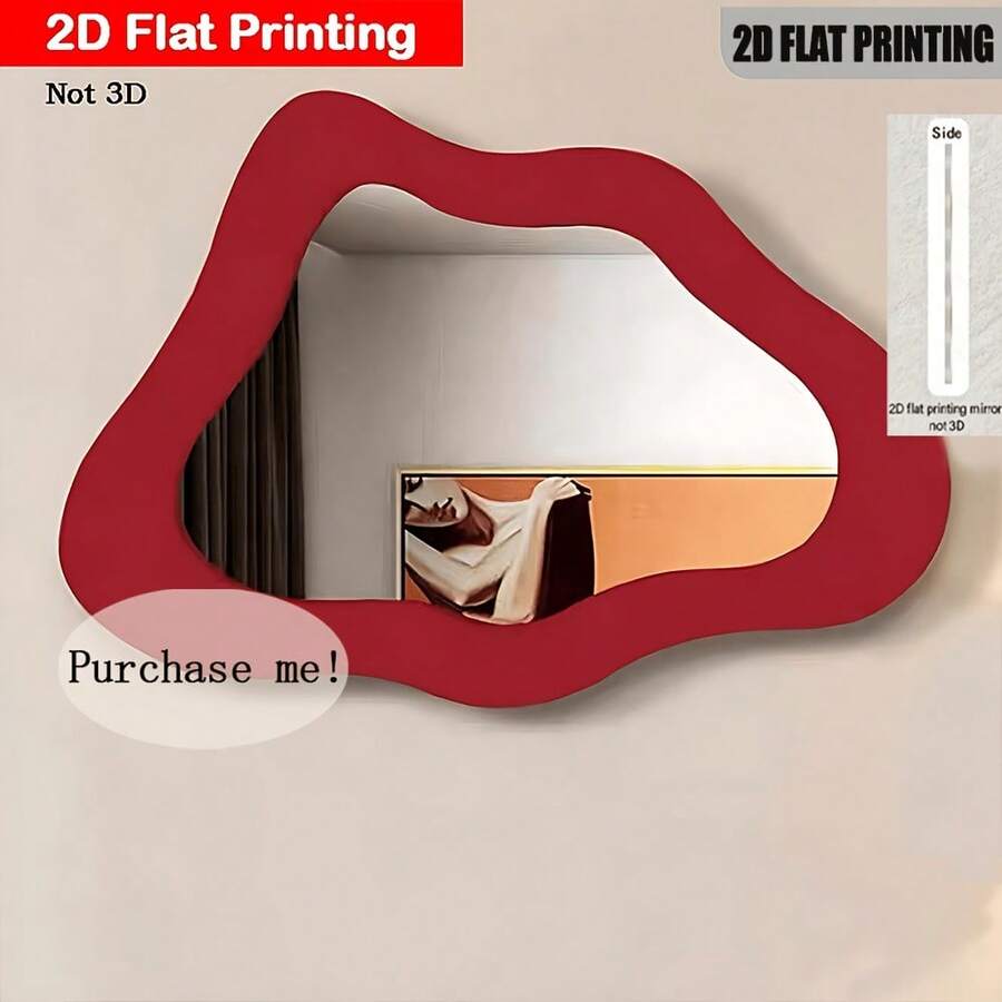 2D Flat, 1pc, Red Asymmetrical Wavy Frame Fashionable Wooden + Acrylic Mirror Wall Mirror - Suitable For Home Living Room, Bedroom, Studio, Patio Wall, No Power Supply Required, Perfect For Father's Day, Wedding Season, Mother's Day, Easter And Other Holiday Gifts And Decorations. 2D Flat - A - View 1