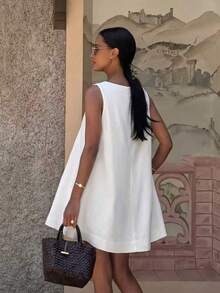 Women's Sleeveless White Casual Short Tank Dress, Round Neck Flared Hem, Perfect Summer Sun Dress - White - View 5