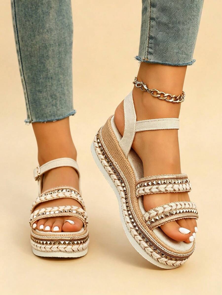 Summer Fashion Women's Wedge Sandals, Bohemian Style Rivet Open-Toe Design With Ankle Strap, Breathable And Comfortable Casual Elegant Flat Shoes