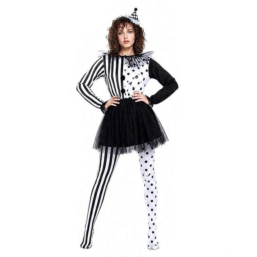 Vintage Clown Bold Black & White Polka Dot & Stripe Costume, Suitable For Carnival Party, Unique Circus Theme Eye-Catching Outfit