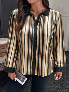 Blus Wanita Ukuran Besar Elegan Motif Garis Bahan Satin Lengan Panjang, Cocok untuk Atasan Harian Musim Gugur - emas hitam - View 3