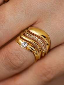 4pcs/1pc 18K Gold Plated Multi-Layer Streamlined Ring Set, Women's Ring, French Style, Luxury Gift Jewelry For Women - Gold - View 16