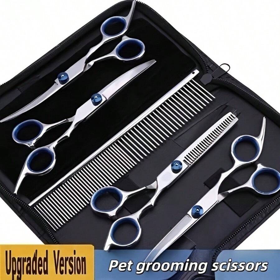 1 Set, 5 Pcs Pet Grooming Scissors Kit, Straight & Curved Scissors With Comb And Storage Box - View 1