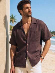1pc Brown Loose Fit Faux Linen Men's Shirt, Casual Vacation Shirt, Lightweight Breathable, Vacation Style, Machine Washable, Oversized Fit, Summer Beach Holiday, Beach Outing, Fresh And Comfortable Men's Top, Size Runs Large, Can Order One Size Down - Coffee Brown - View 6