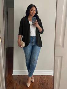 SHEIN Lady CURVE 大尺碼女款度假套裝開襟衫 素色不對稱下擺休閒度假外套 冬季秋季黑色 - 黑色 - 查看 3