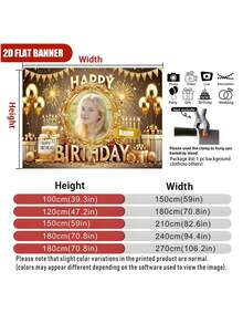 1件可定制照片姓名金色背景生日快乐背景幕布，包含金色气球、蛋糕、烟花、花卉图案，适用于生日、新娘送礼会、派对礼物、派对装饰、摄影背景，乙烯基材质。 - 彩色 - 查看 6