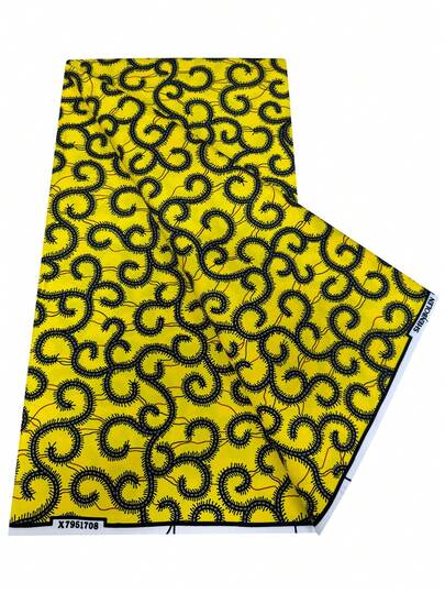 3/6 Jardas de Tecido de Estampa de Cera Africana Ankara da Moda, Fundo Amarelo Brilhante com Padrão Abstrato de Vórtice Espiral Preto Ousado, Material Confortável, Adequado para Saias Longas Africanas do Dia a Dia, Turbantes, Cortinas, Roupa DIY e Suprimentos de Costura Artesanal