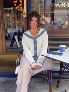 VIBEWAVE White Knitted Cardigan, Blue Contrast Trim V-Neck Long Sleeve Button Front Sweater, Short Length Preppy French Style - White - View 4