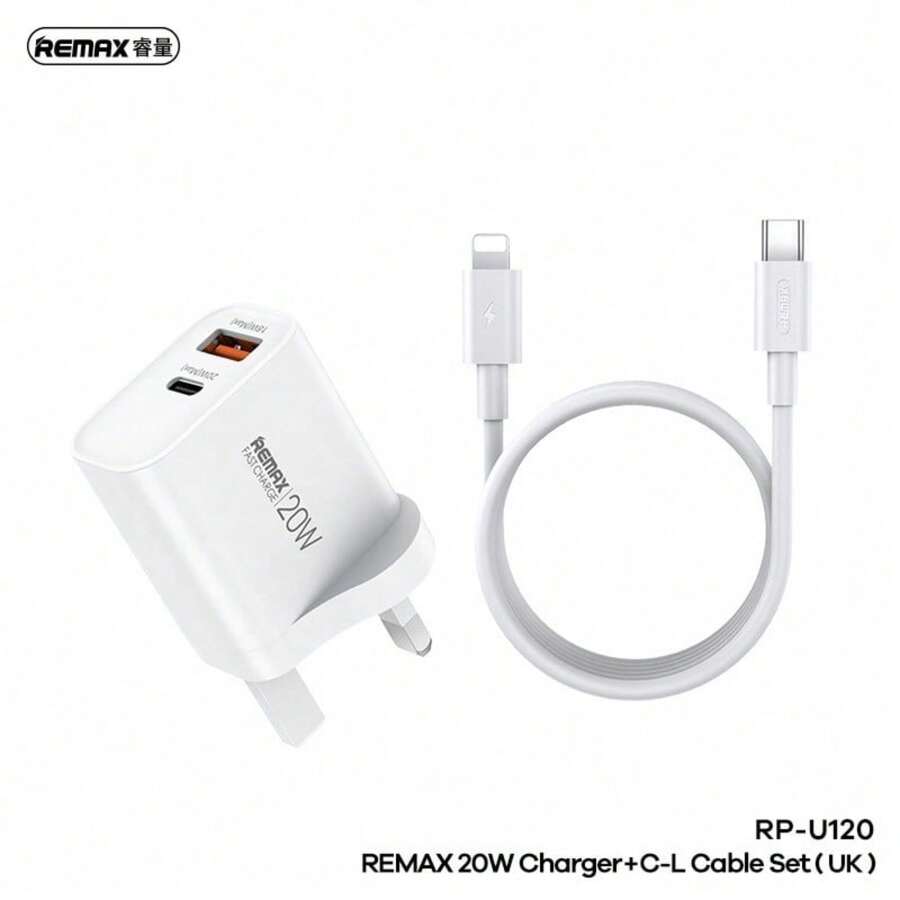 مجموعة شاحن REMAX 20W A+C + كابل بيانات C-L RP-U120 - أبيض - مشاهدة 1