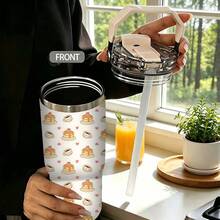 1/5pcs 30oz Vacuum Insulated Tumbler With Gift Box, Cream White Pancake Coffee Cup With Heart Cartoon Print, Foldable Portable Handle, Double Flip Lid Leak-Proof Cup Cover, Double Wall Mug, Suitable For Breakfast Daily, Warm Heart Food Theme Brunch Lover Gift - Dessert - View 2