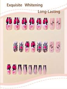 24pcs Halloween Press-On Fake Nails, Long Rectangular Full Coverage, Cute Pink Pumpkin, Shiny Rhinestone, Spider Web Design, Suitable For Halloween And Day Of The Dead, Includes Jelly Glue And Mini Nail File, Jelly Glue Randomly Shipped - Multicolor - View 2