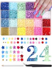 Conjunto de Decoração de Unhas com 24 Grades de Pequenas Flores de Resina Multicoloridas, com Pinça e Lápis de Cera, Adequado para Decoração de Unhas DIY, Suprimentos de Arte de Unhas - Multicolorido - Visão 1