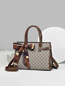 Multi-Color Plaid PU Handbag Crossbody Zipper Bag, Fashionable Versatile Large Capacity Elegant Middle-Aged Women's Bag 3 Pieces Set For Daily Outings - Grey - View 8