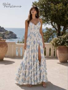 Blue White Floral Chiffon V Neck Backless Tiered A Line Maxi Dress - 藍白色 - 查看 4