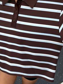 Women's Casual Striped Button-Down Drop Shoulder T-Shirt, Autumn Brown Long Sleeve Aesthetic Blouse - Brown - View 7