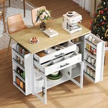 Mobile Kitchen Island With Foldable Worktop, Kitchen Trolley, 5 Wheels, Multiple Storage Options, Spice Rack, Cutlery Drawer, 120 X 45 (70) X 90 Cm - 白色 - 查看 2