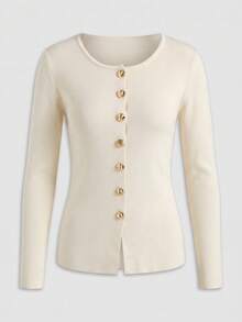 Women's Elegant Round Neck Gold Button Ribbed Knit Cardigan, Slim Fit Open Front Long Sleeve Social Blouse, Office Commute Vacation Outing Top - Apricot - View 7