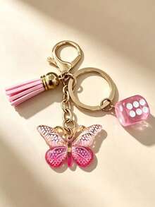 1pc Acrylic Butterfly Tassel Pendant Dice Keychain, Butterfly Keyring, Personalized Women's Handbag Charm, Holiday Gift - Multicolor - View 4