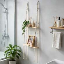 1 pieza Colgante de pared de macramé estilo bohemio, estantería decorativa de 2 niveles para almacenamiento de pared, tapiz decorativo para sala de estar, dormitorio, fondo de pared, estantería de almacenamiento con borlas, decoración de pared de arte de fibra, hecho a mano, tejido de encaje, tabla de madera de doble capa - Sin decoración - Beis - Ver 12