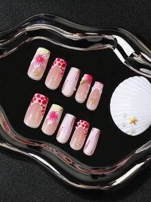 24pcs Medium Rectangular Y2K Hot Girl Style French Manicure Stickers, Icy Transparent Nude Base With White French Tips, Decorated With Stars, Crosses And Rhinestones, Suitable For Party And Disco, Create Exclusive Hot Girl Nail Art Look - Hot Pink - View 4