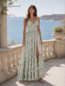Green Floral Chiffon V-Neck Backless Tiered A-Line Maxi Dress - 綠色 - 查看 4