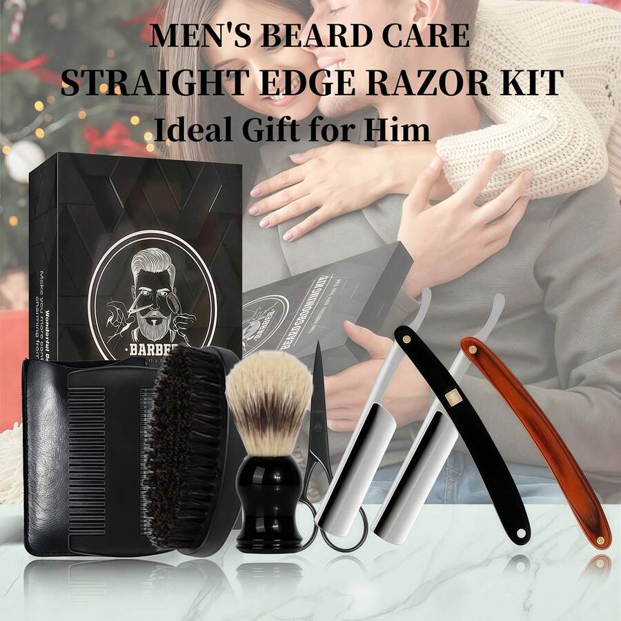 Perlengkapan Perawatan Jenggot Pria dengan Pisau Cukur Lurus, Kuas Cukur, Sisir Jenggot, dan Kotak Penyimpanan, Set Perawatan Profesional, Hadiah untuknya - Sisir jenggot + sikat jenggot - View 1