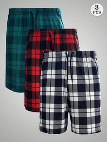 3pcs/Pack Men's Casual Plaid Pattern Lounge Pants With Side Pockets, Elastic Comfortable Drawstring Shorts, Wearable As Beach Pants And Sports Pants - Multicolor - View 1