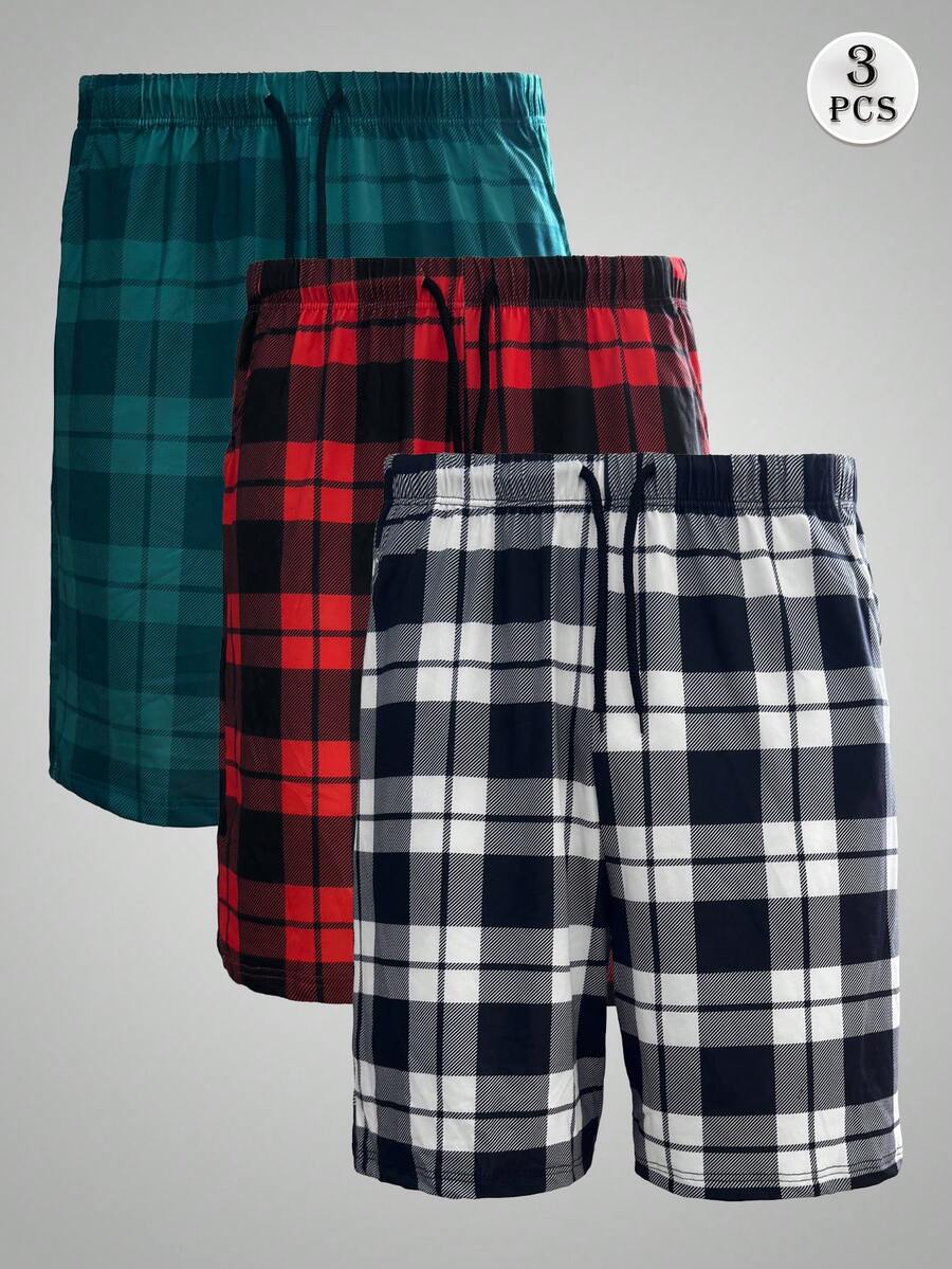 3pcs/Pack Men's Casual Plaid Pattern Lounge Pants With Side Pockets, Elastic Comfortable Drawstring Shorts, Wearable As Beach Pants And Sports Pants - Multicolor - View 1