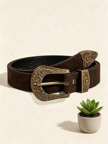 1pc Women's Coffee Color Fashion Vintage Western Style Belt, Suitable For Daily Pants And Dresses - Brown - View 3