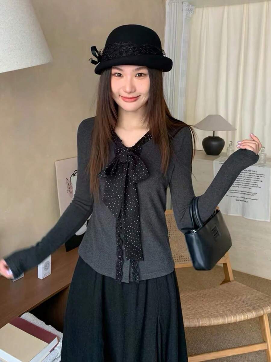 Women's Polka Dot Patchwork Bow Long Sleeve Fitted T-Shirt Top, Niche Design, Autumn - Grey - View 1