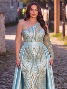 Elegant One-Shoulder Evening Gown With Beaded Details, Fitted Silhouette, Suitable For Formal Dinners, Photo Shoots, Grand Events And Red Carpet Occasions - Blue - View 3