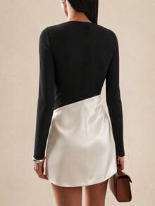 2026 Autumn New Exquisite Women's Long Sleeve Boat Neck Satin A-Line Mini Dress, Color Block Patchwork Design, Slim Fit Black Elegant - Black - View 3