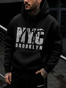 Men's Casual Street Style New York Slogan Print Pocket Drawstring Hoodie,Spring/Autumn Collection - 黑色 - 查看 8